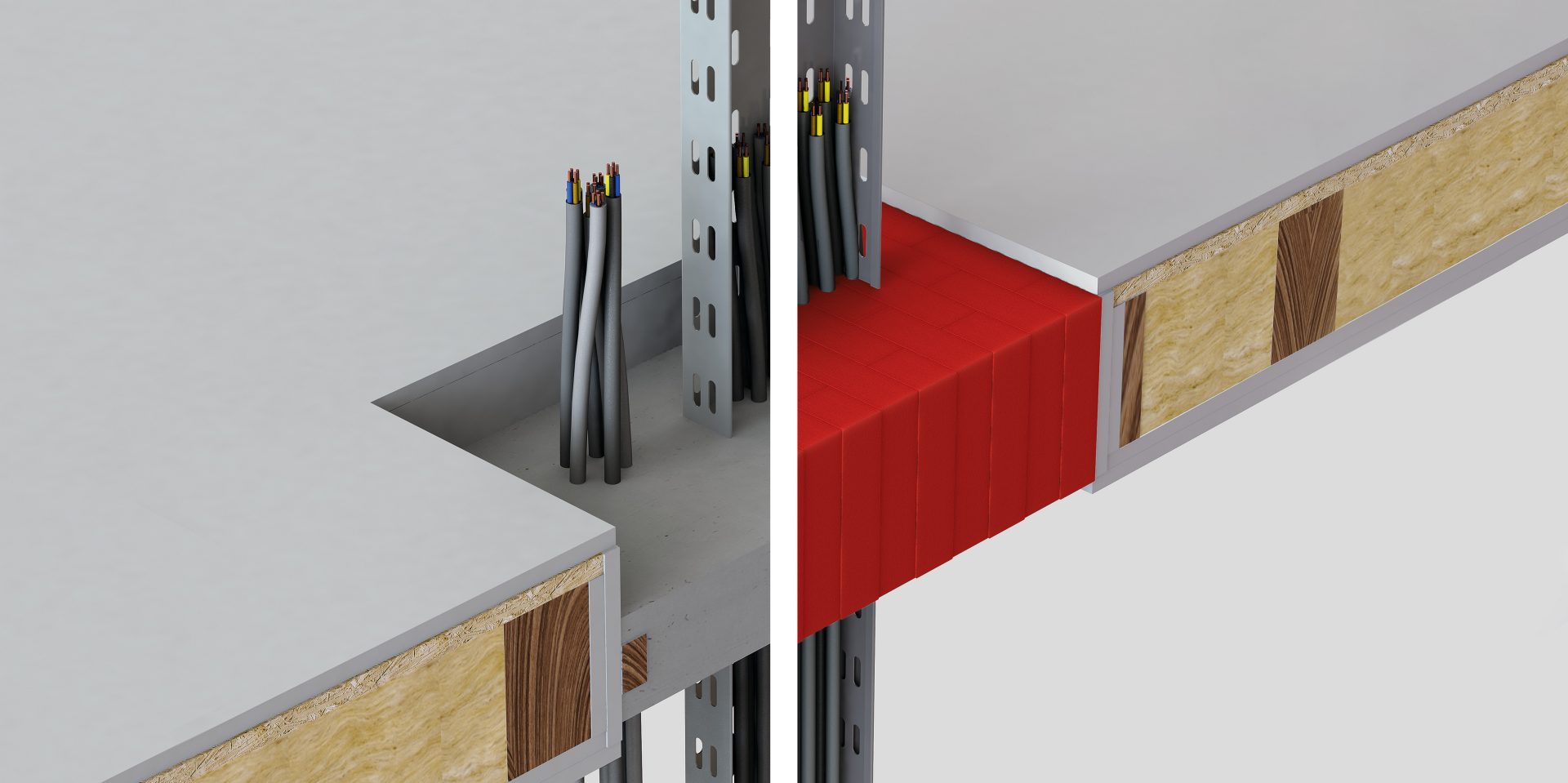 Comparação de uma solução de argamassa convencional (no lado esquerdo) e os blocos antifogo Hilti secos a vermelho (no lado direito) através de um chão de madeira