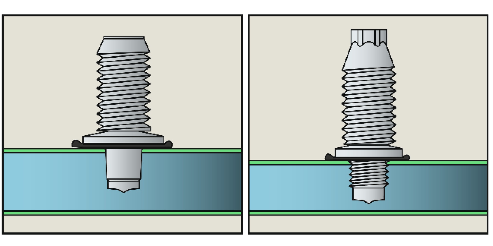 Diagrama de uma secção transversal de aço que mostra a fixação de parafuso com ponta romba