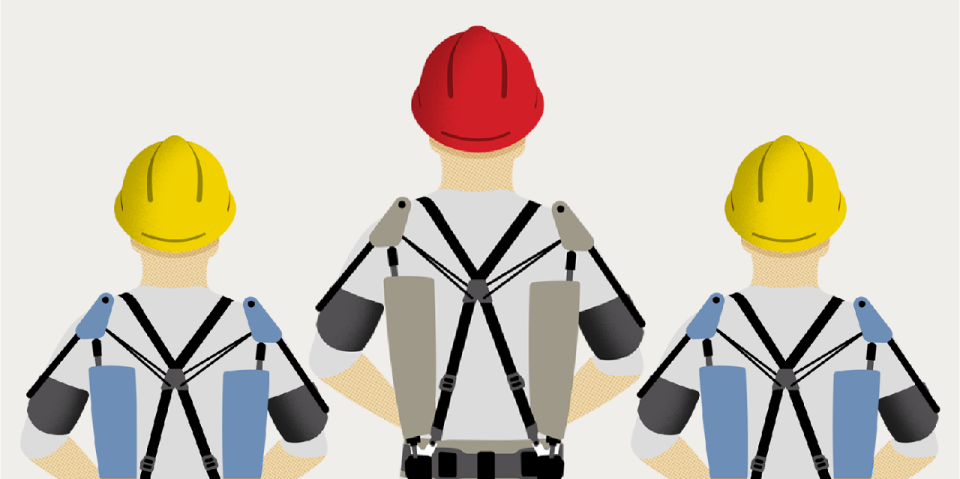 Illustration de 3 travailleurs avec un exosquelette