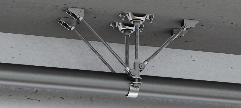 Ponto fixo ligeiro MFP-LD2-I (isolamento acústico) Ponto fixo duplo galvanizado, apertado de ambos os lados, com isolamento acústico para aplicações ligeiras até 8 kN Aplicações 1