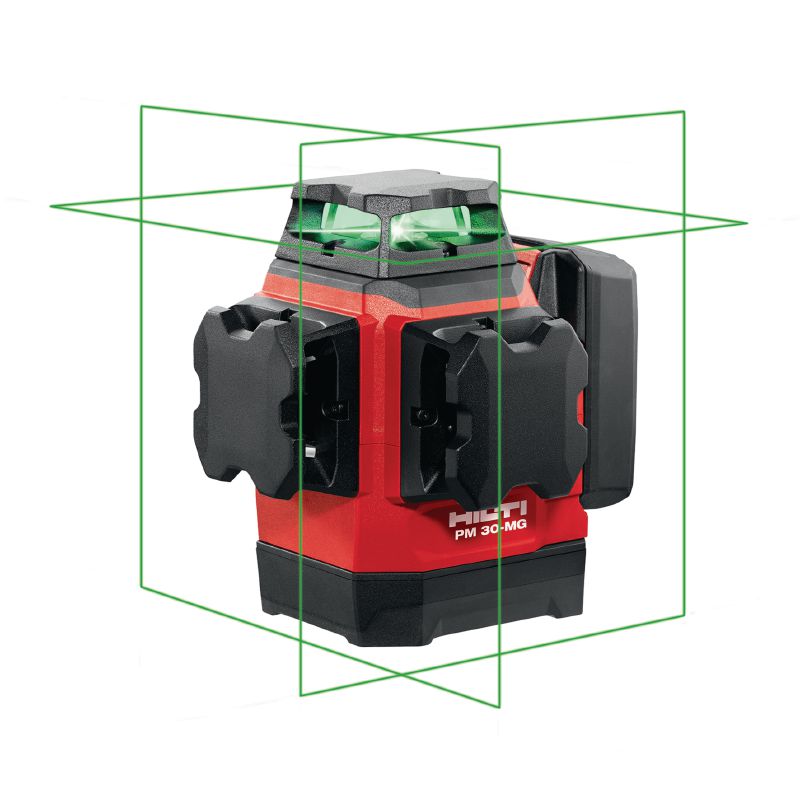 Laser multilinhas para nivelar PM 30-MG Laser multilinhas compacto - 3 linhas verdes de nivelamento automático a 360° para maior rapidez nos trabalhos de nivelamento, alinhamento e execução de esquadrias (plataforma de baterias de 12V)
