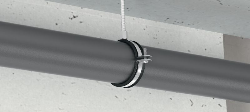 Abraçadeira para tubagem MP-PI HDG (isolamento acústico) Abraçadeira de tubos normal galvanizada a quente (HDG) com isolamento sonoro para aplicações ligeiras Aplicações 1