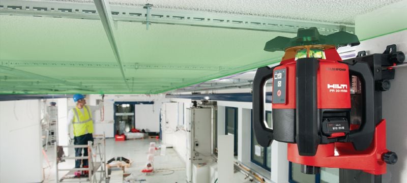 Laser rotativo para nivelar espaços interiores PR 30-HVSG A12 Laser rotativo para aplicações de acabamento de longo alcance em espaços interiores com feixe verde Aplicações 1