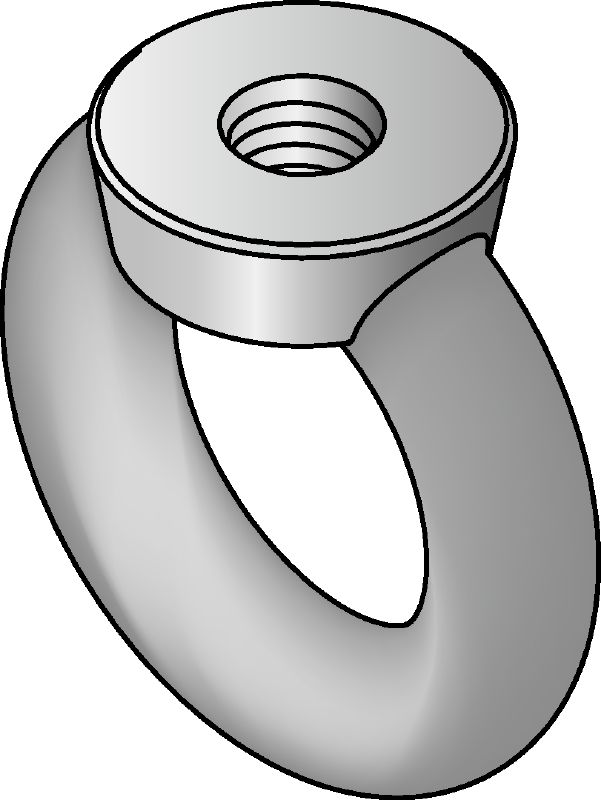 Porca de olhal em aço inoxidável (A4) DIN 582 Porca de olhal em aço inoxidável (A4) correspondente à DIN 582 com cabeçotes em lacete para acolher um gancho