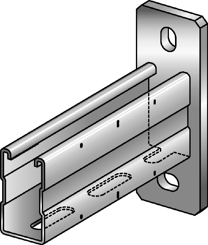 Braço de calha MQK-72-F Suporte galvanizado a quente (HDG) com calha de suporte MQ simples de 72 mm de altura para aplicações de cargas médias