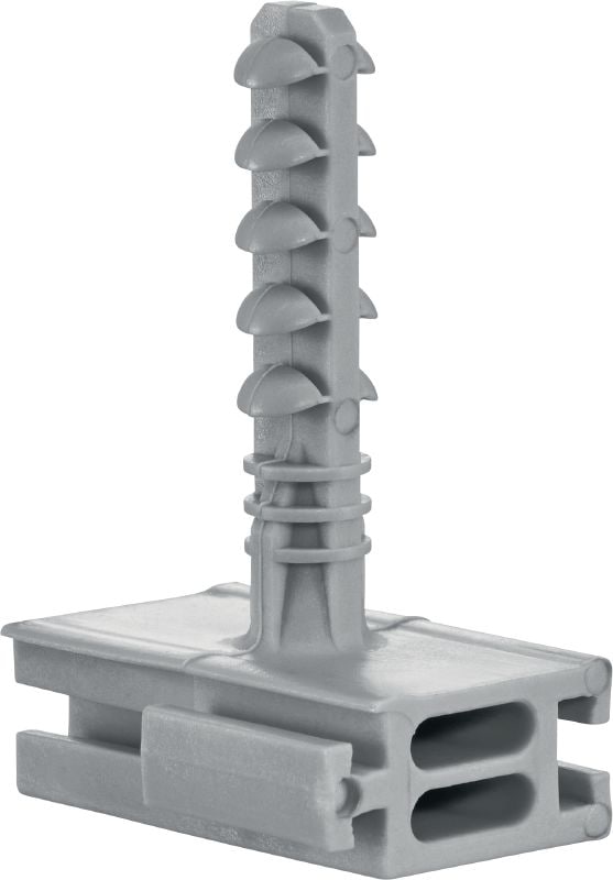 Ancoragem por encaixe X-EA MX Ancoragem plástica por encaixe para unir ganchos e grampos plásticos para cabos/calhas (PVC) e abraçadeiras para cabos quando se pretende fixar a betão e alvenaria