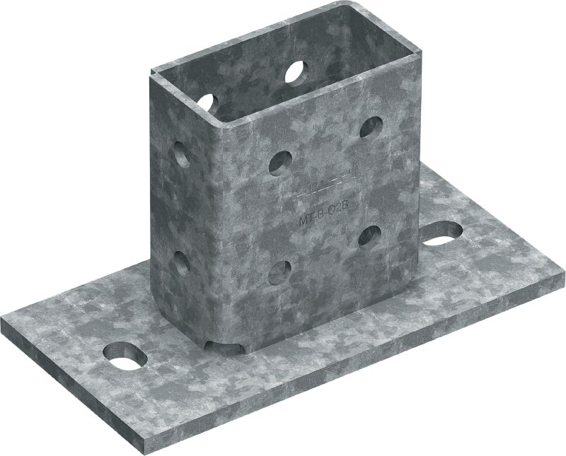 Placa de base MT-B-O2B OC para cargas 3D Base de união para ancoragem a betão e aço de estruturas de calhas de instalação sujeitas a cargas 3D em espaços exteriores com baixo teor de poluição