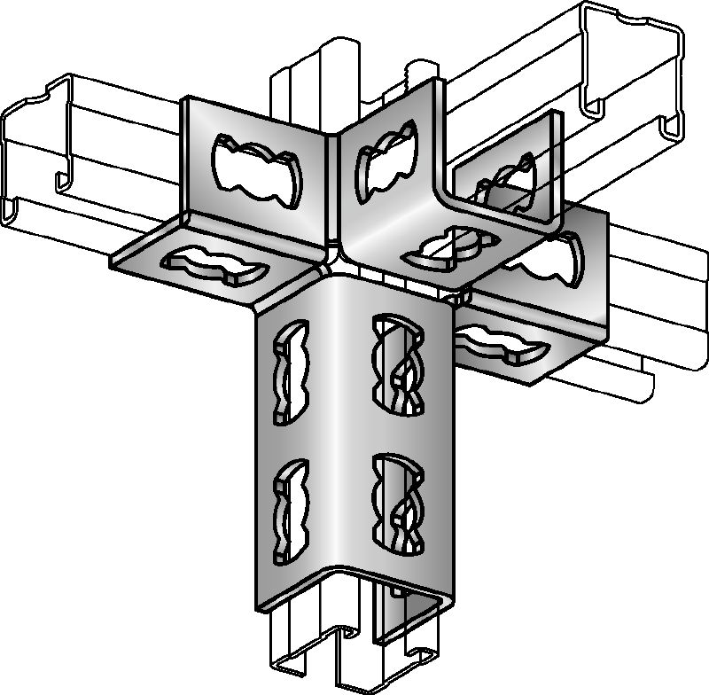 Ligador angular MQV-4/3 D Conector de calhas galvanizado para estruturas tridimensionais