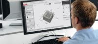 Software PROFIS Engineering Suite para a conceção e projeção estrutural de edificados Software de engenharia estrutural para projetar a esquematização de ancoragens que inclui códigos e homologações, cálculos baseados na metodologia CBFEM (Component Based Finite Element Method) e uma variedade de métodos de fixação Aplicações 1