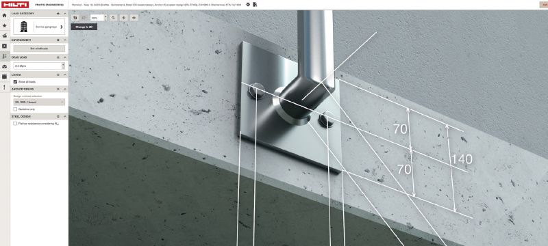 Software PROFIS Engineering Suite para a conceção e projeção estrutural de edificados Software de engenharia estrutural para projetar a esquematização de ancoragens que inclui códigos e homologações, cálculos baseados na metodologia CBFEM (Component Based Finite Element Method) e uma variedade de métodos de fixação Aplicações 1