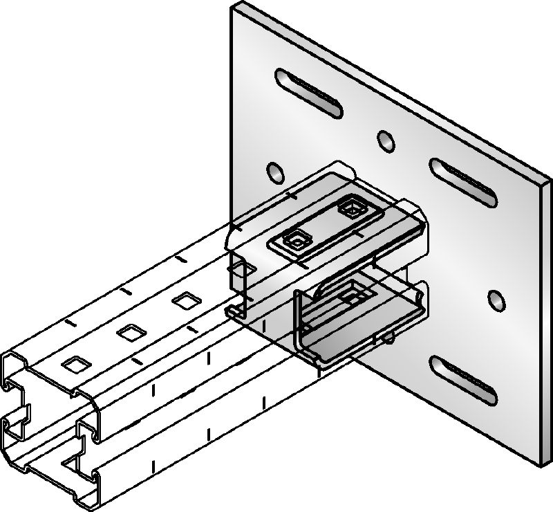 Ligador com placa de base MIQC-S Placa de base galvanizada a quente (HDG) para fixar vigas MIQ a metal em aplicações de elevada exigência