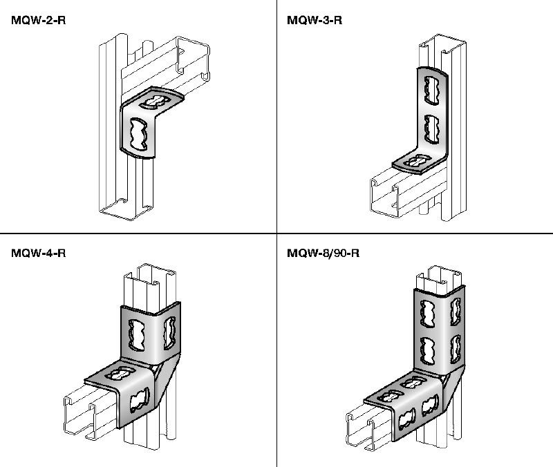 Ligador angular MQW 90°-R Ângulo de 90 graus em aço inoxidável (A4) para unir várias calhas de instalação MQ