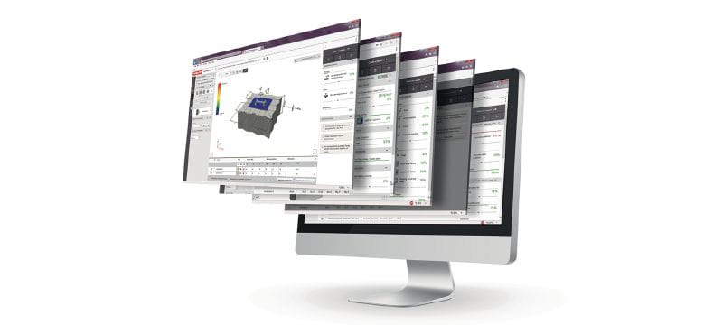 Software PROFIS Engineering Suite para o dimensionamento estrutural de ligações a betão em edifícios Software de engenharia estrutural para projetar a esquematização de ancoragens que inclui códigos e homologações, cálculos baseados na metodologia CBFEM (Component Based Finite Element Method) e uma variedade de métodos de fixação