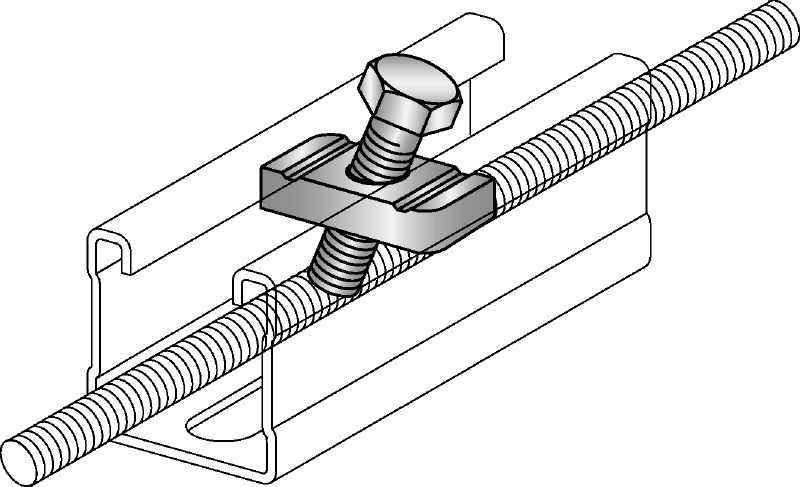 Reforço de varões MQS-RS Reforço galvanizado pré-montado de varões roscados para fixar a calha de instalação a um varão roscado com o intuito de absorver cargas de compressão