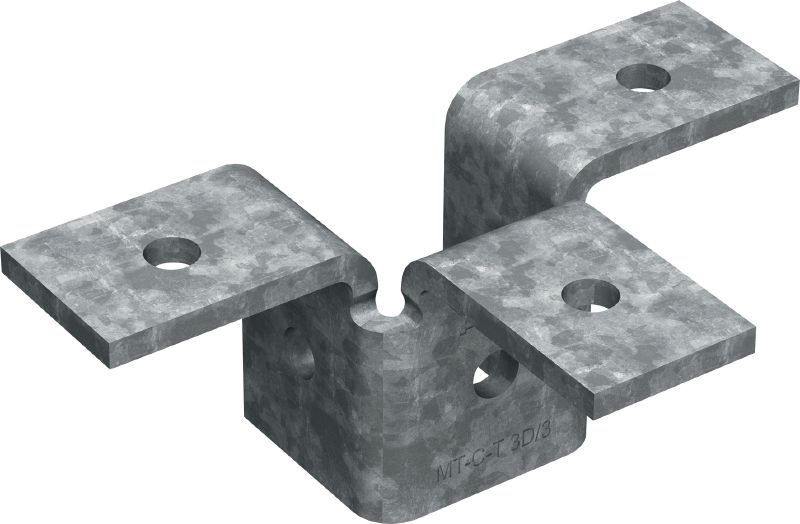 União tripla MT-C-T 3D/3 OC União tripla para ligar quatro calhas de instalação numa estrutura 3D em espaços exteriores com baixo teor de poluição