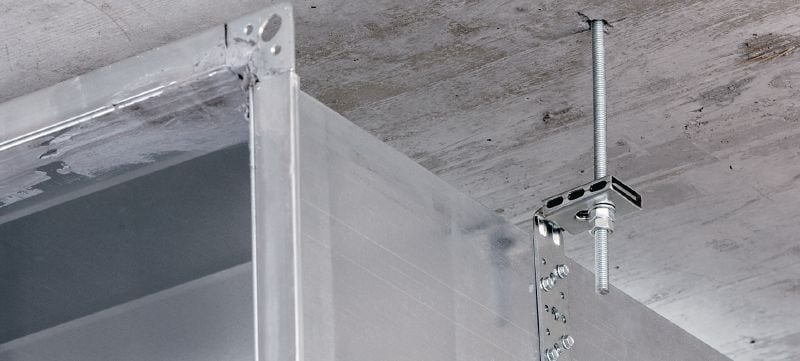 Suporte de ventilação MVA-LP Suporte galvanizado com 100 mm de comprimento para fixar condutas de ventilação diretamente a tetos Aplicações 1
